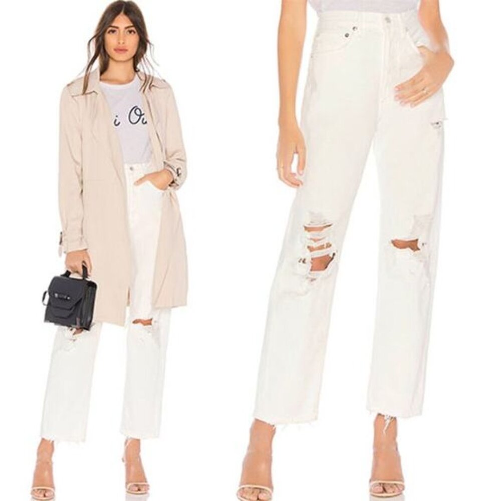 NWT Agolde 90s Mid Rise Loose Fit Distressed Denim Straight Jeans White Size: 30